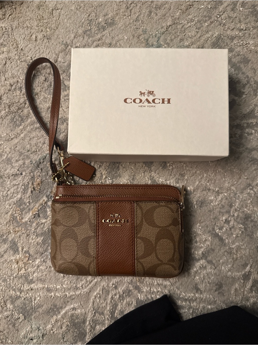 Coach Brown Signature Canvas Wristlet with Leather Trim